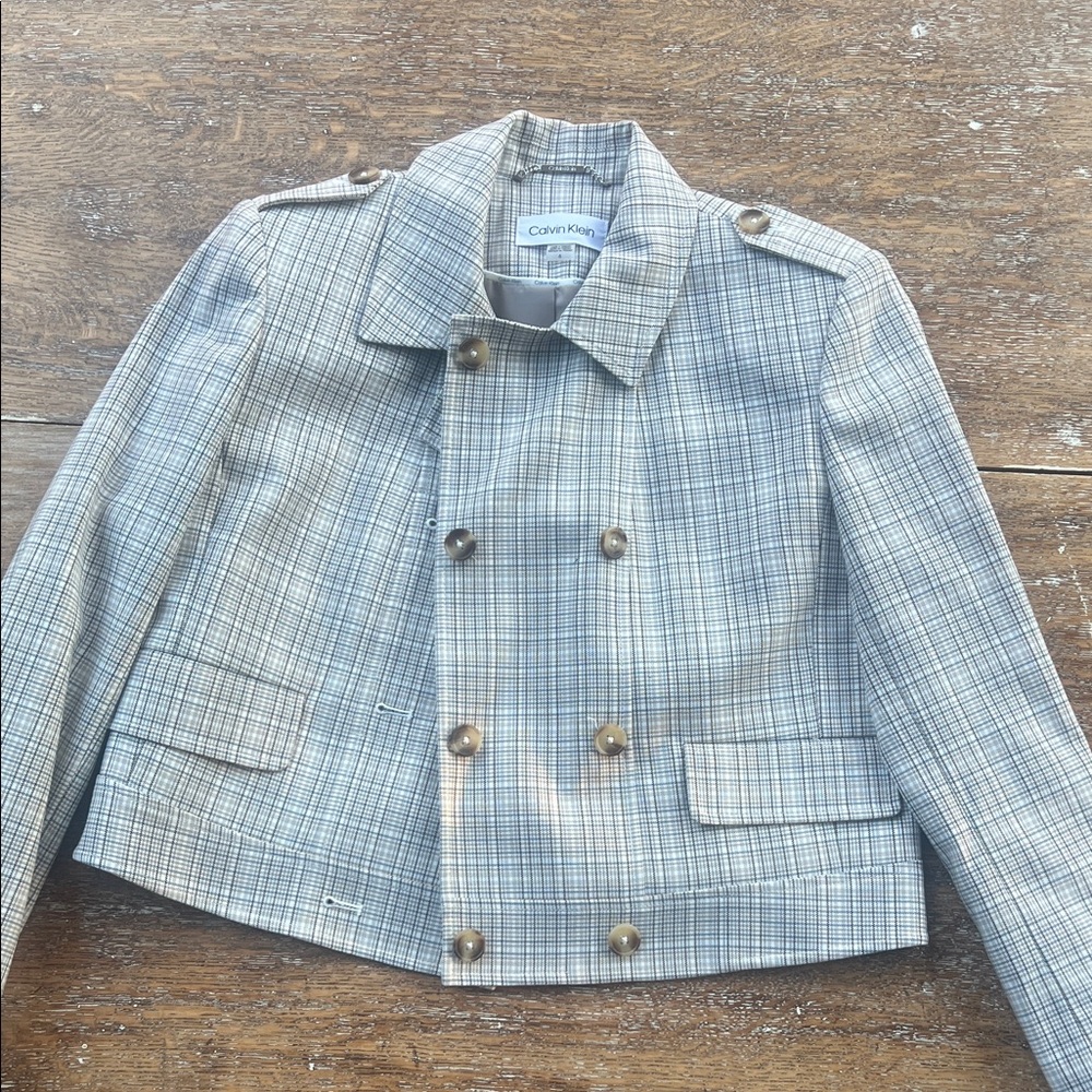 Calvin Klein Women's Checkered Blazer - Gray and Cream